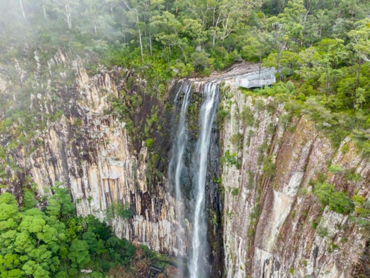 Aerial view of Minyon Falls and the lookout in Nightcap National Park. Credit: John Spencer &copy;
