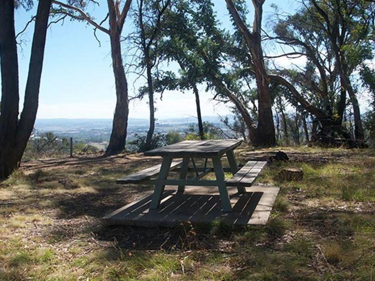 Picnic table set in bushland of Mount Canobolas State Conservation Area, with views of Orange in the