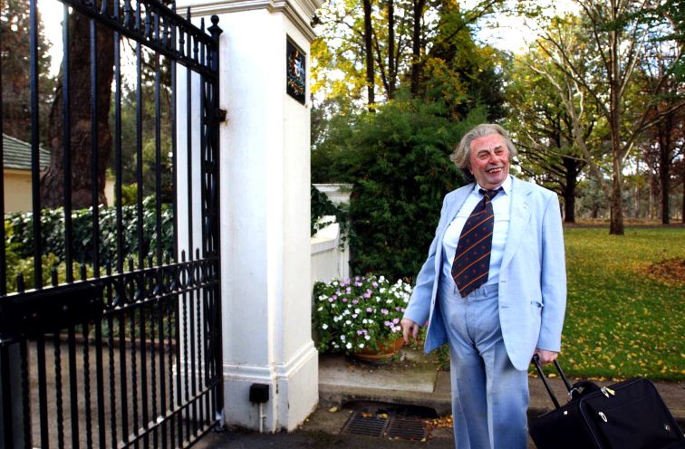 Barry Humphries in character as the beloved Sir Les Patterson outside Government House.
