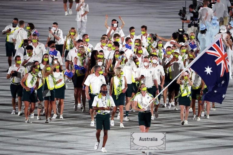 Team Australia walk in the parade during the Opening Ceremony of the Tokyo 2020 Olympic Games at Olympic Stadium on July 23, 2021 in Tokyo, Japan