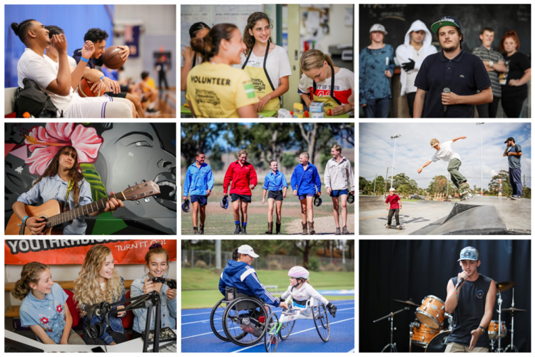 Collated grid of nine images of young people doing different activities.
