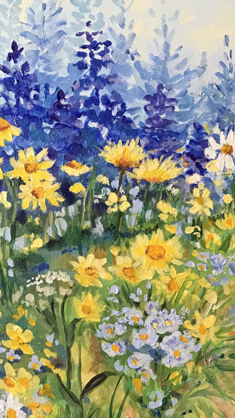An oil painting of blue and yellow flowers