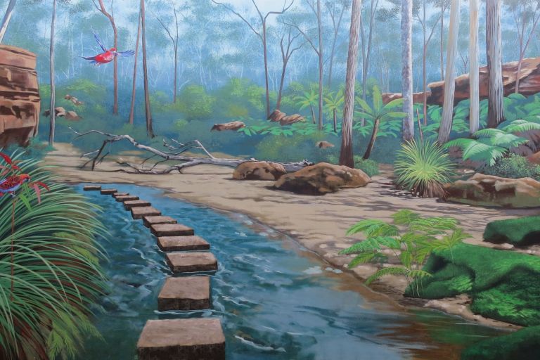 Mural by artist Annette Barlow - painting of Australian bush, creek and birds