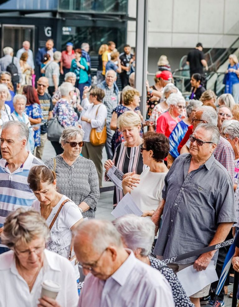 Crowds mingling and lining up outside Seniors Festival Expo in NSW