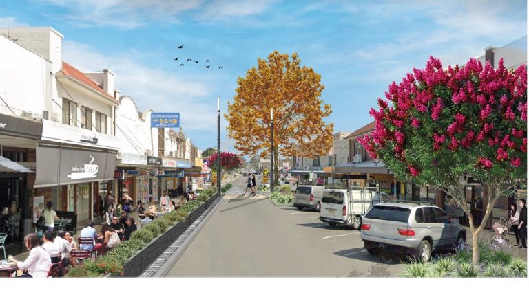 Artist impression of glorious high street in Cumberland with tree blossoming birght pink petals in the foreground