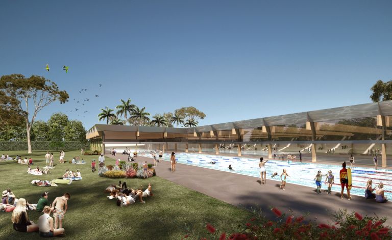 Artists depiction of Blacktown Aquatic centre outdoors with community enjoying