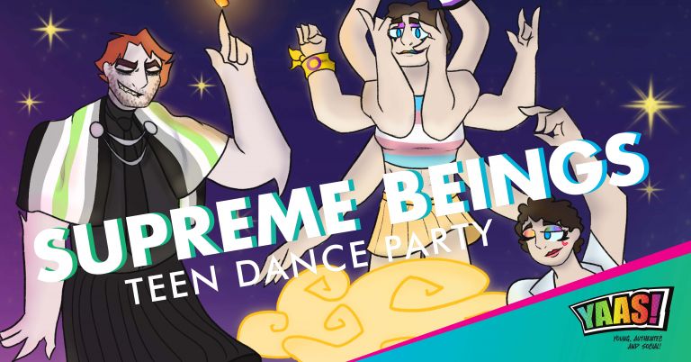 Cartoon Characters words Supreme Beings Teen Dance Party
