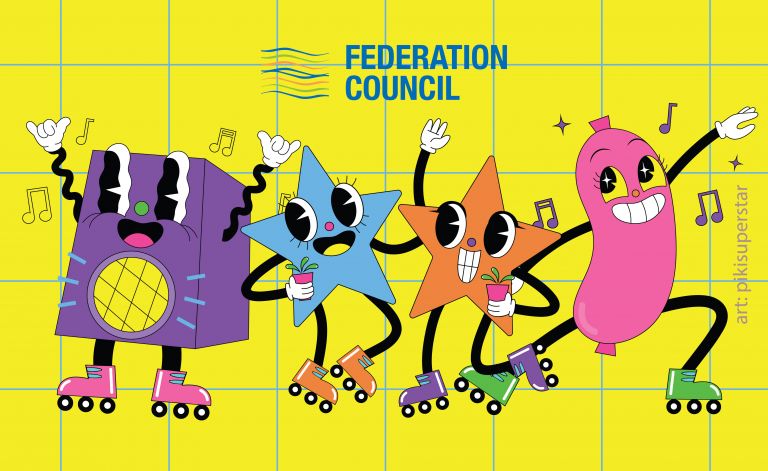 Several anthropomorphic party items are roller skating at a disco.
