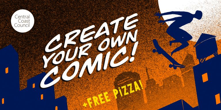 Cartoon of a person skateboarding with buildings in background Words Create Your Own Comic + Free Pizza
