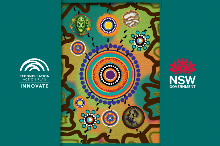 Banner image containing the Aboriginal artwork for the WNSWLHD RAP  as well as logos for NSW government and Reconciliation Australia