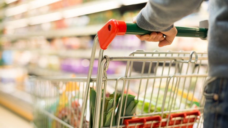 Person pushing shopping trolley in supermarket 