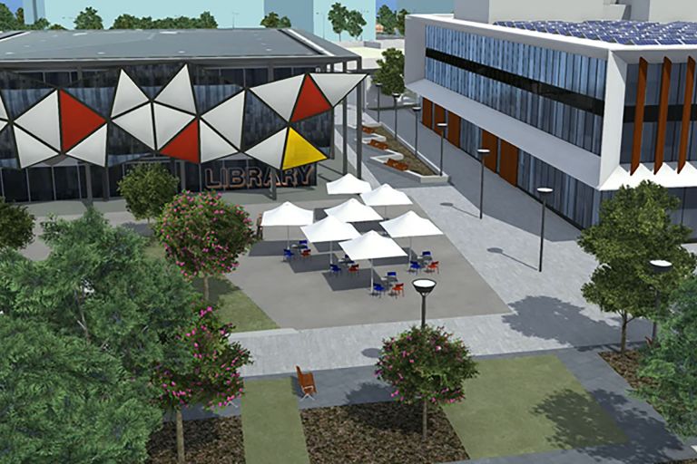 A 3D visualisation of Oran Park Library and outdoor space, made in the Envisioning in 3D project.
