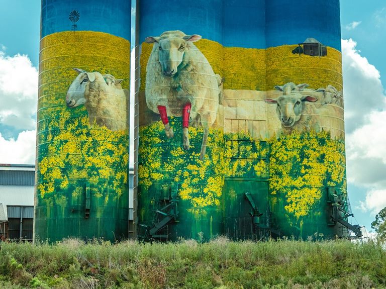 sheep mural on wheat silo