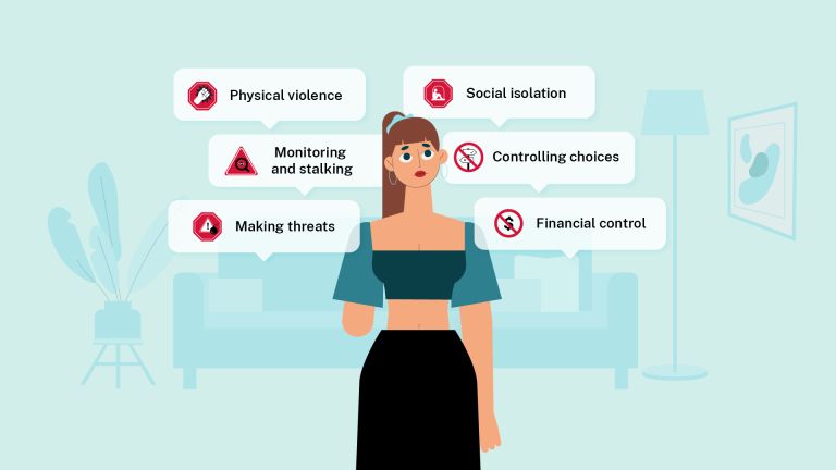 A woman is surrounded by the warning signs of coercive control.