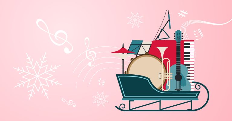 Illustration with pink background, musical instruments and Christmas elements