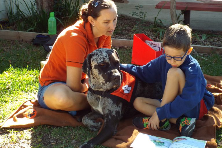 woman and a great dane reading a book with a little boy
