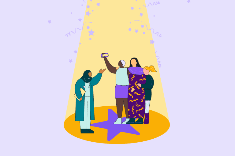 An illustration of 4 women in a yellow spotlight on a lilac background