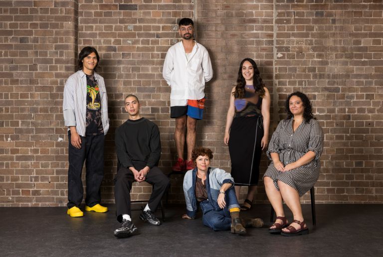 2024 NSW Visual Arts Fellowship (Emerging) Finalists, left to right: Remy Faint, Kien Situ, Kalanjay Dhir, Charlotte Haywood, Gillian Kayrooz, Talia Smith. Photo: Anna Kucera