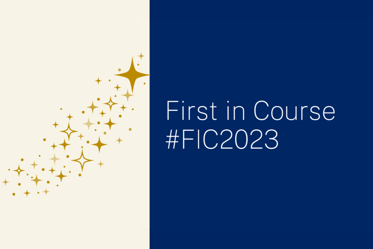 A graphic showing a cluster of golden stars on a light gold background. To the right are the words 'First in Course, #FIC2023' on a dark navy background