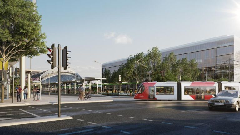 An artist's impression of a light rail vehicle approaching Sydney Olympic Park