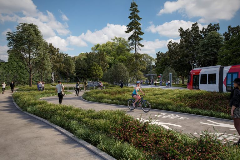 An artist impression of the new shared pathway at Rydalmere to be completed as part of the Parramatta Light Rail project. The image features several people walking along the shared path and a bike rider prominently featured at the centre of the image, all of them under a cloudy sky.
