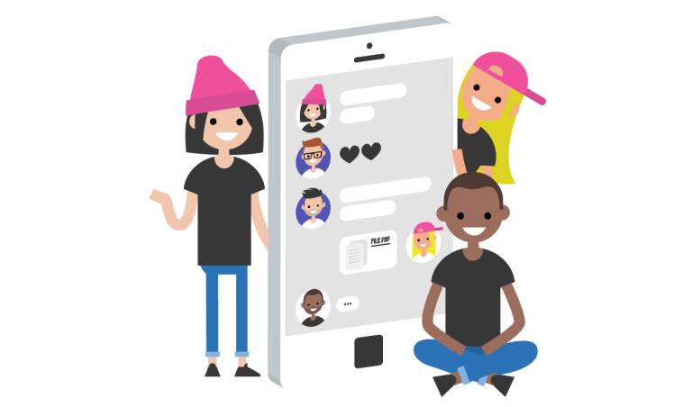 graphic of three children sitting and standing next to a movile phone with a social media app open