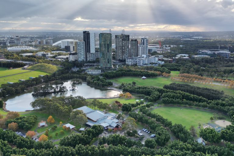 Aerial view of Sydney Olympic Park.