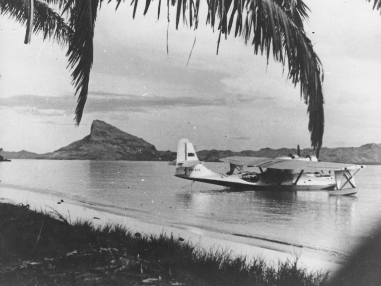 Black and white image of the Catalina Frigate II on the lagoon at Mangareva