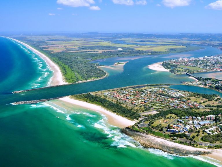 Aerial image of Ballina showing beaches and river