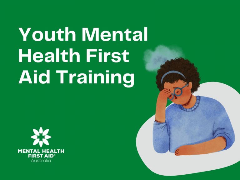 White text that says "Youth mental health first aid training' on a green background
