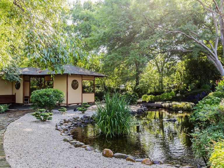 Japanese hut in Japanese garden around a fish pond