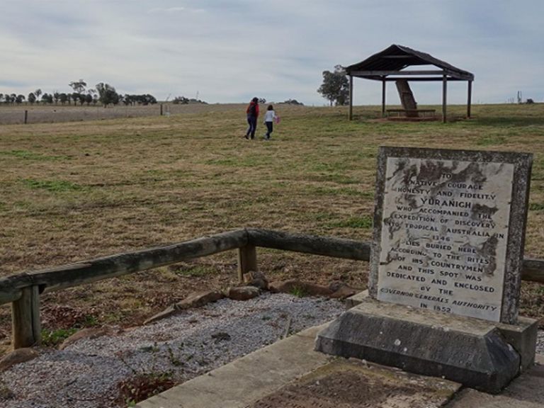 Photo of the headstone marking Yuranigh's grave at Yuranigh's Aboriginal Grave Historic Site. Photo: