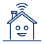 Line graphic of a house with a smiley face and wifi lines above the roof