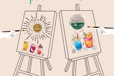 Two canvases on easels with mocktails painted on them