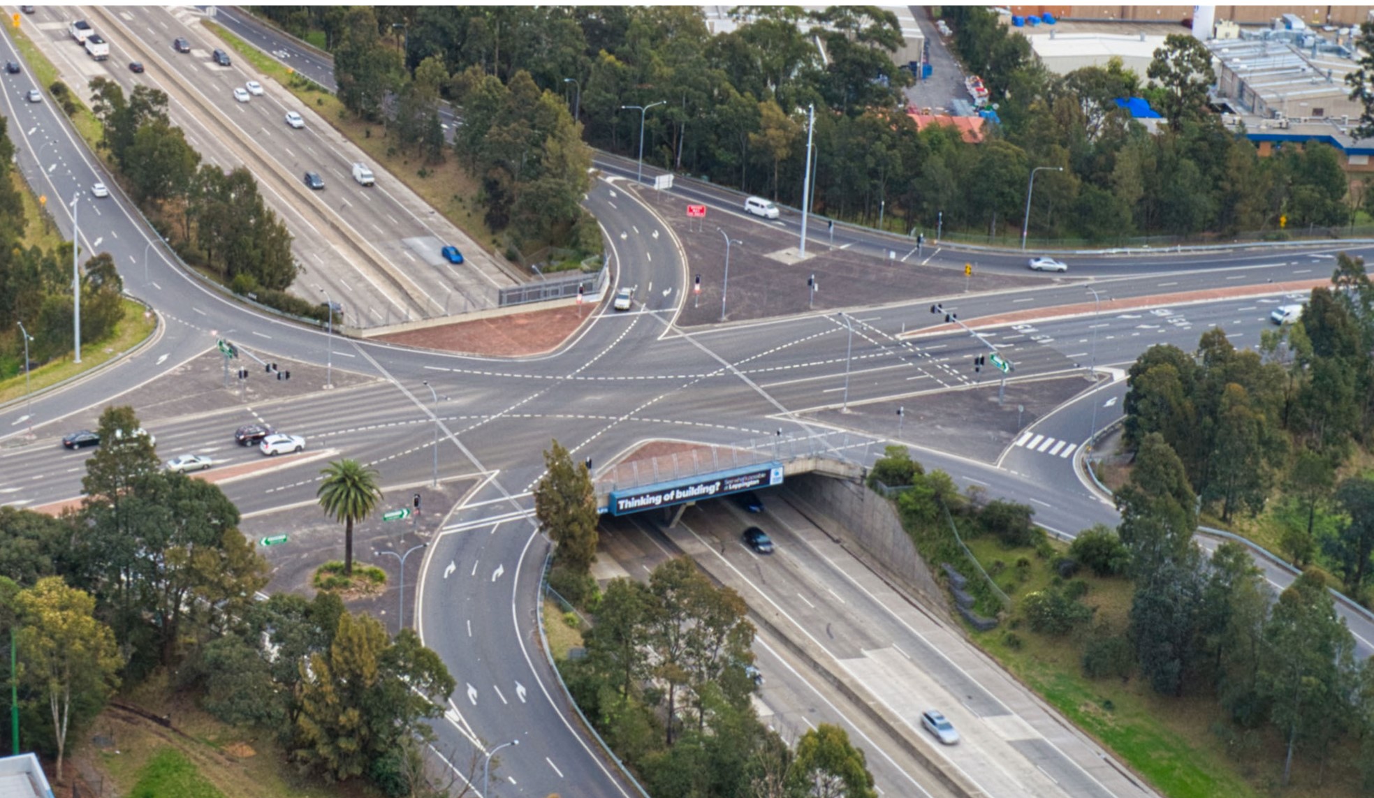 Traffic entering the M5 Motorway at Moorebank Avenue has to merge with traffic exiting the Hume Highway
