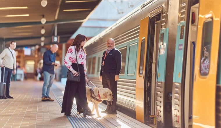 An assistance dog helping guide a woman onto a train