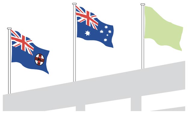 A building with three flagpoles, when the centre pole is higher than the other two