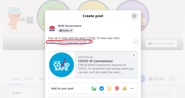 Screenshot example of Facebook post being uploaded with a link preview