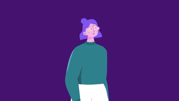 A purple cartoon of a person with short purple hair and glasses looking up to the side. 