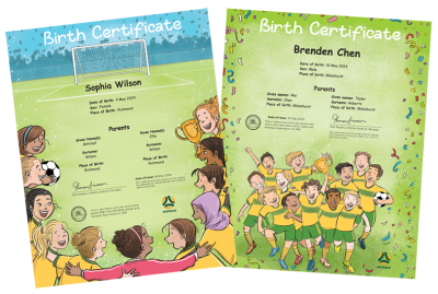 Commemorative birth certificates featuring the Matildas and Socceroos by artis t Serena Geddes.