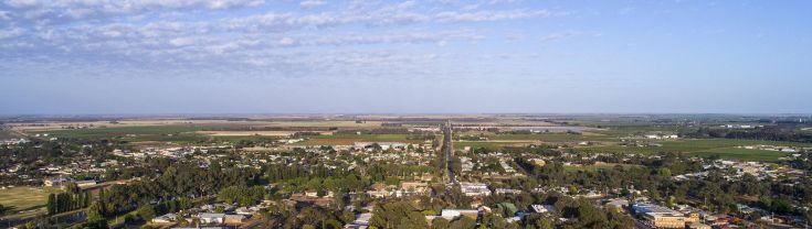 an aerial photo of a country town (Griffith in NSW). Buildings are laid out in a circle and there are roads and trees around the buildings. The sky is blue and has lots of wispy white clouds