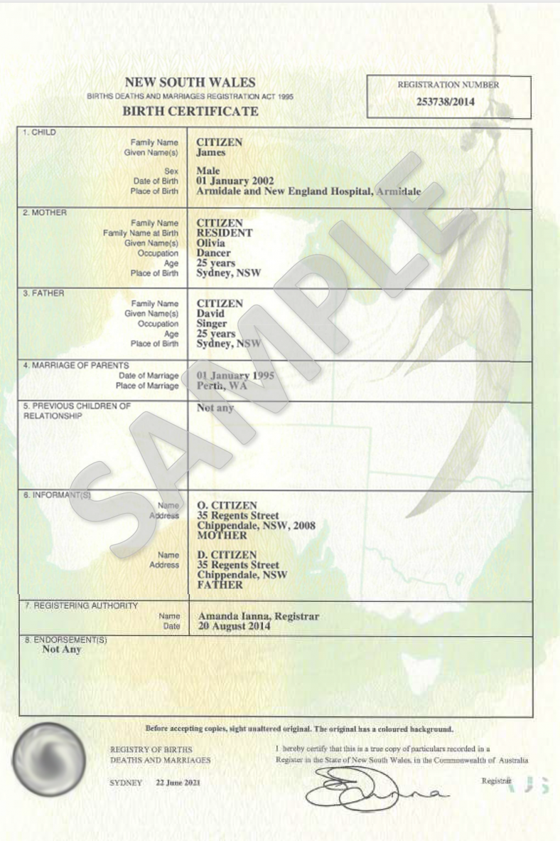 Example of new birth certificates using new security paper