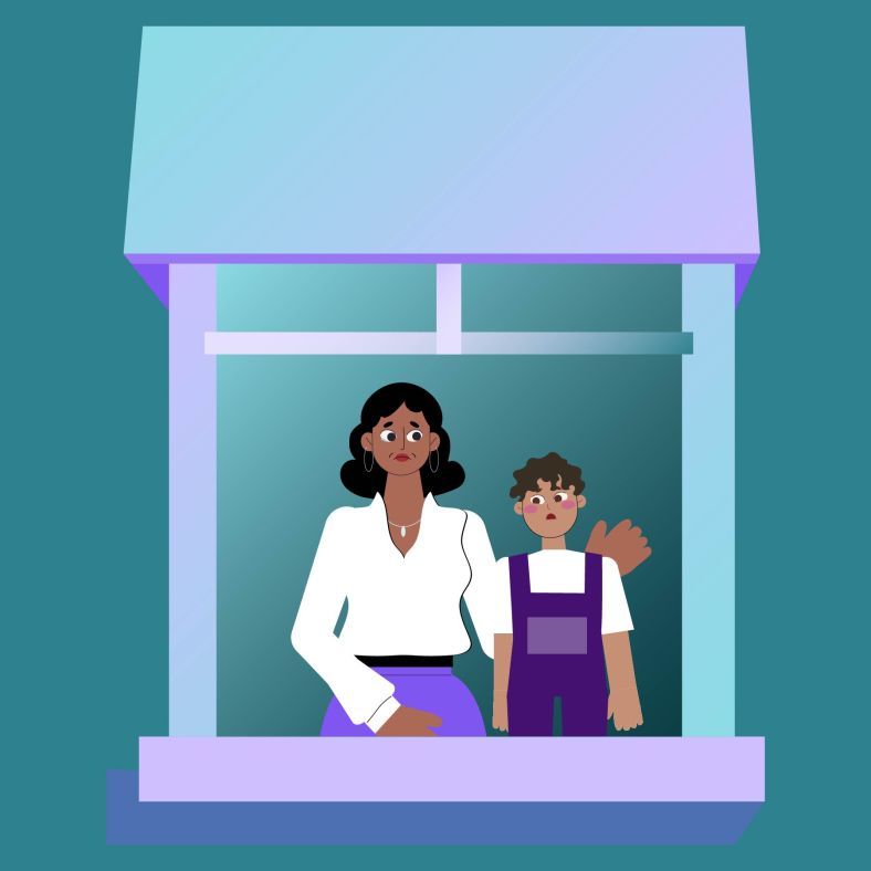 A mother and a child experiencing coercive control stand in a window