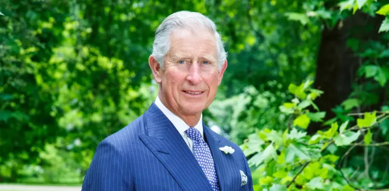 The image shows Prince Charles standing in a park surrounded by green trees in a navy suit with pinstripes.