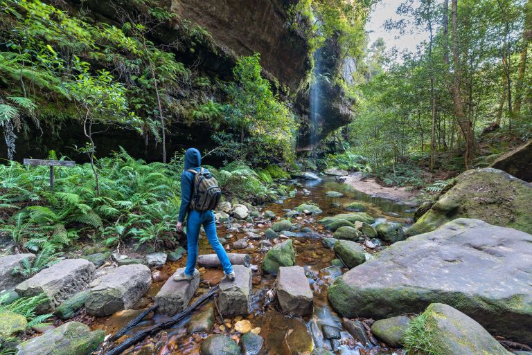 A female walking on rocks over a creek in the Blue Mountains National Park