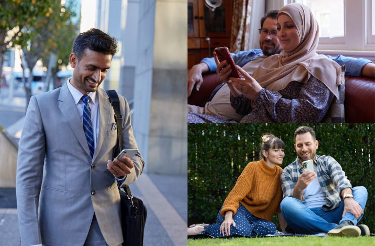 Collage of images of men and women using their mobile phones