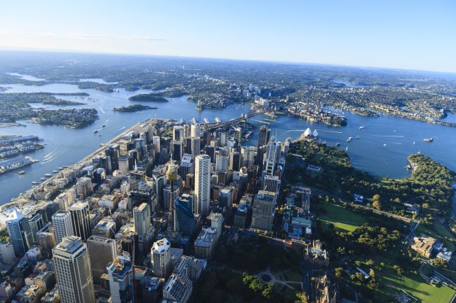 View over Sydney Central Business District towards Harbour Bridge.