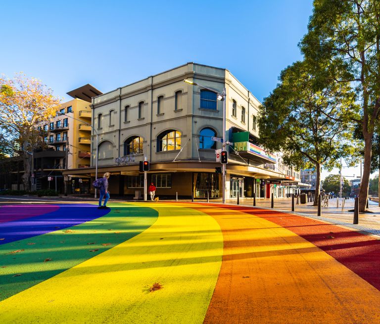 A front view of the rainbow crossing in Oxford Street Sydney